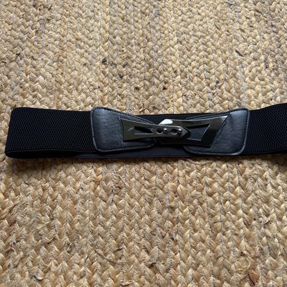 Black Elastic Cinch Belt Silver Geometric Interlocking Buckle Wide Waist Belt